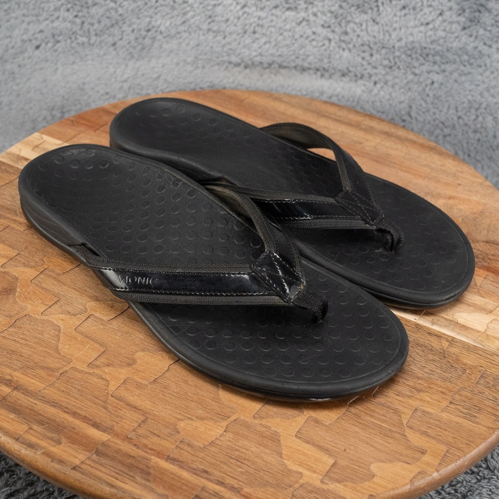Vionic Orthotic Tide II Thong Flip Flop Sandals Womens 9 Black Patent Leather